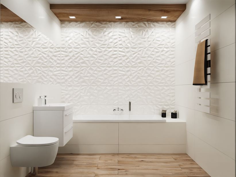 Biała łazienka ze strukturalnymi dekorami