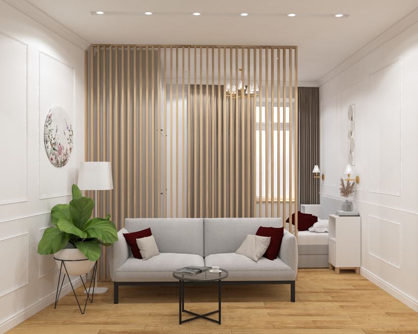 Biały salon z drewnianą podłogą i dekoracyjnymi wstawkami na ścianach