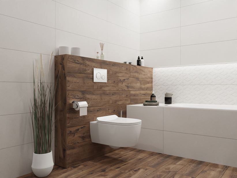 Stylowa łazienka w bieli z drewnianymi akcentami
