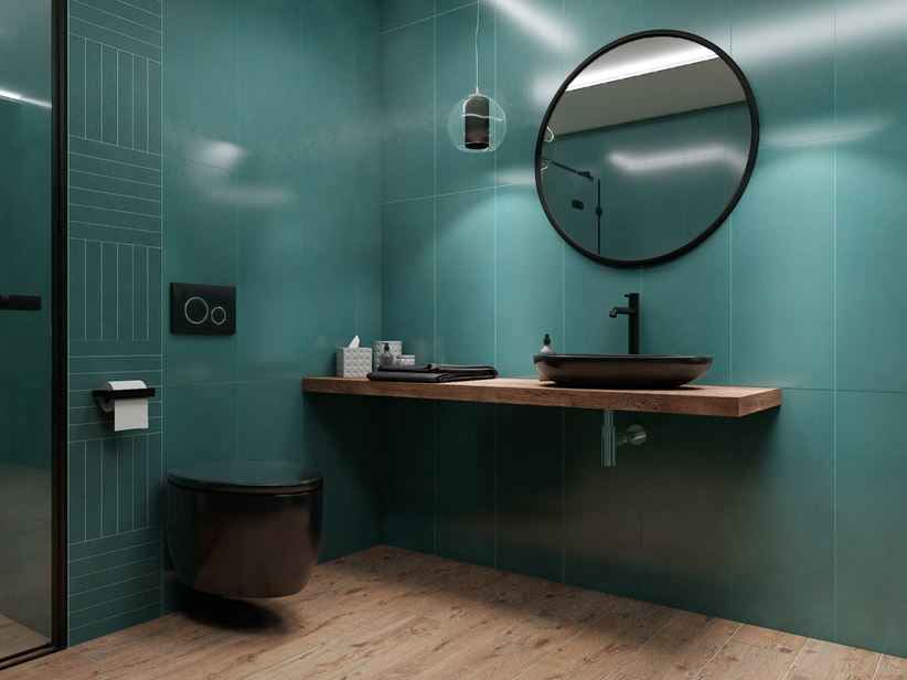 Zielona łazienka w kaflach Tubądzin My Tones i z czarną ceramiką