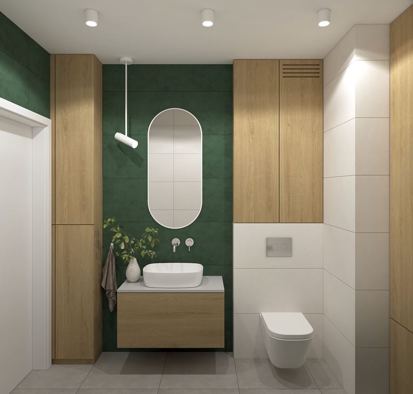 Biało-zielona łazienka w bloku
