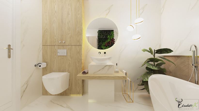 Elegancki salon kąpielowy - widok na umywalkę i strefę toalety