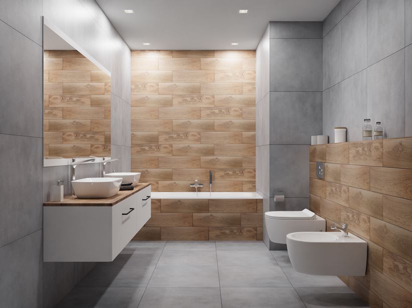 Minimalistyczna łazienka w drewnie i betonie