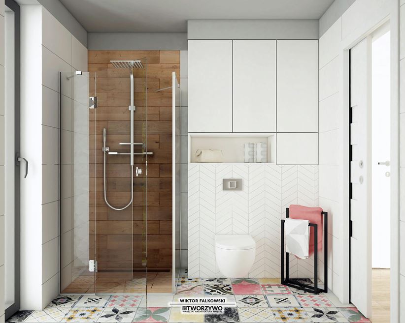 Nowoczesna łazienka - patchwork i drewno