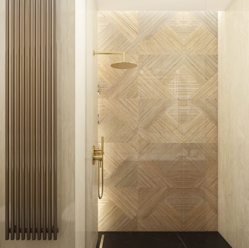 Prysznic wnękowy z płytkami 3d imitującymi drewno