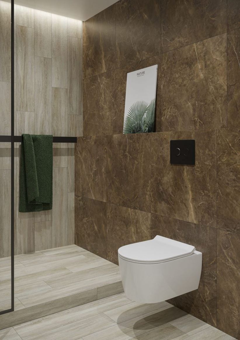 Brązowy kamień i jasne drewno w stylowej łazience