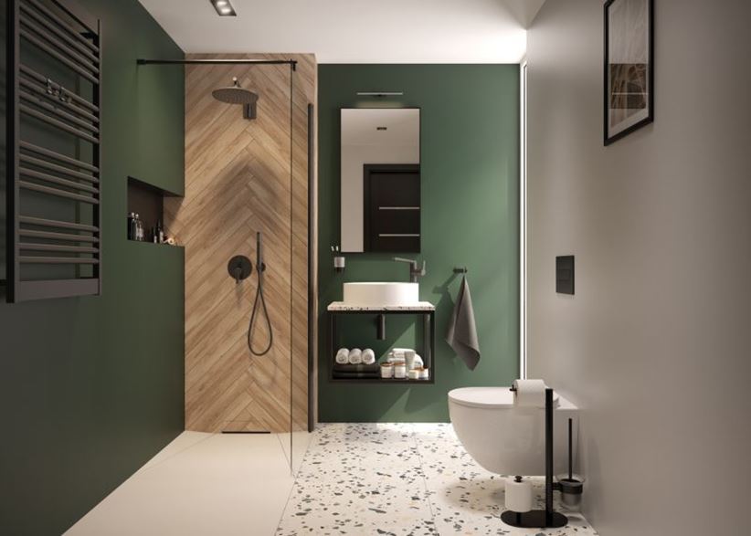 Nowoczesna łazienka w zieleni z kabiną walk-in