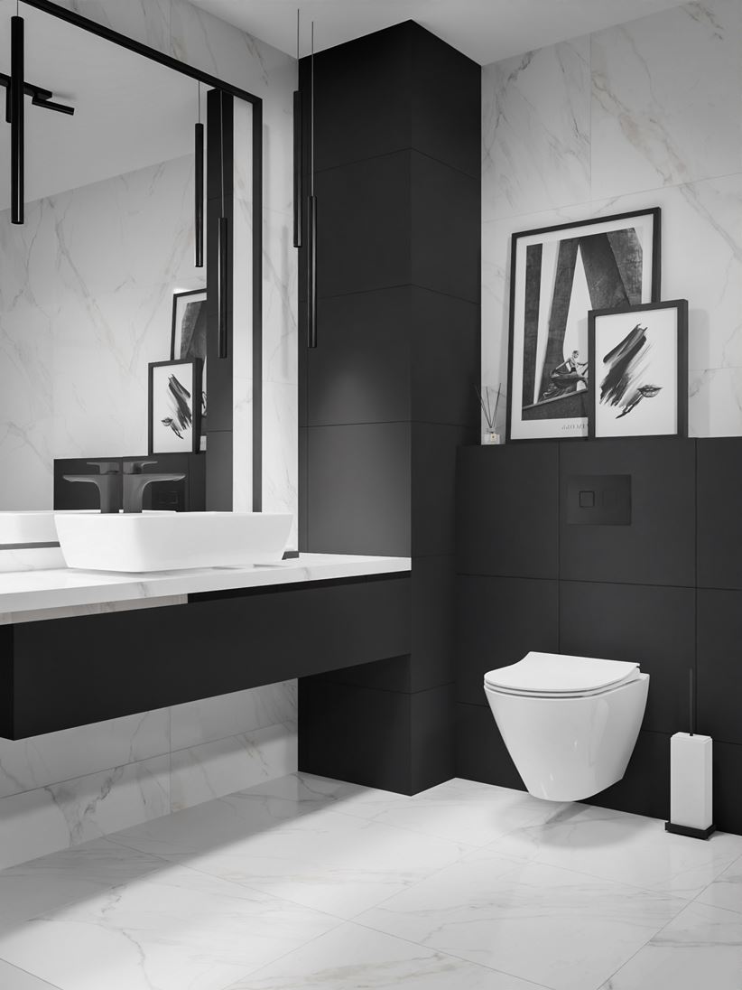 Toaleta w czerni i bieli wykończona marmurem