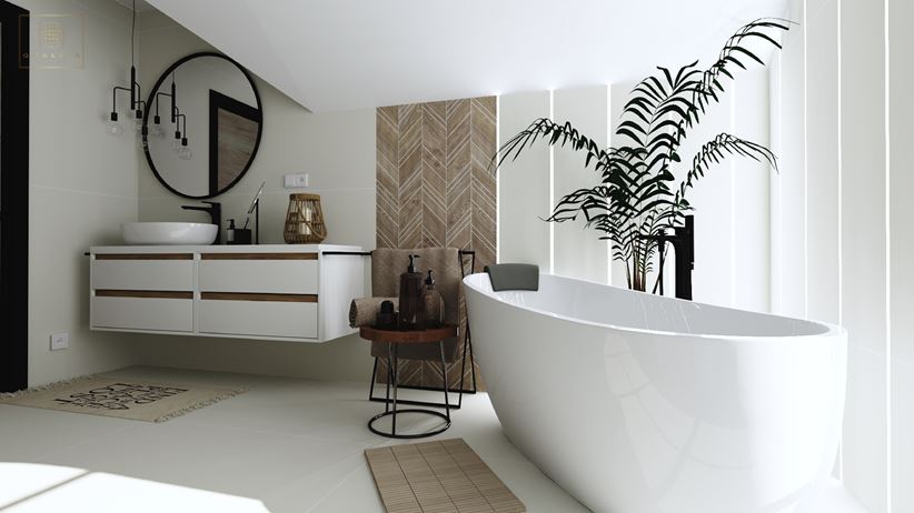 Nowoczesna jasna łazienka z dekorami z drewna