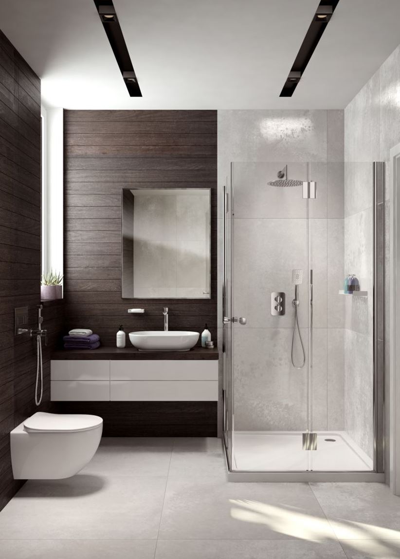 Mała łazienka z prysznicem w ciemnym drewnie i betonie