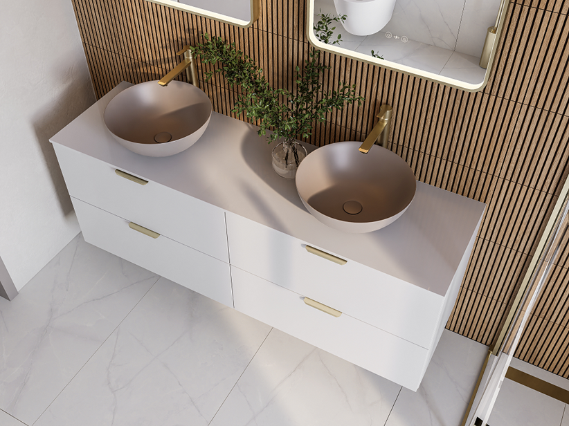 Strefa umywalkowa z ceramiką nablatową w kolorze cappuccino