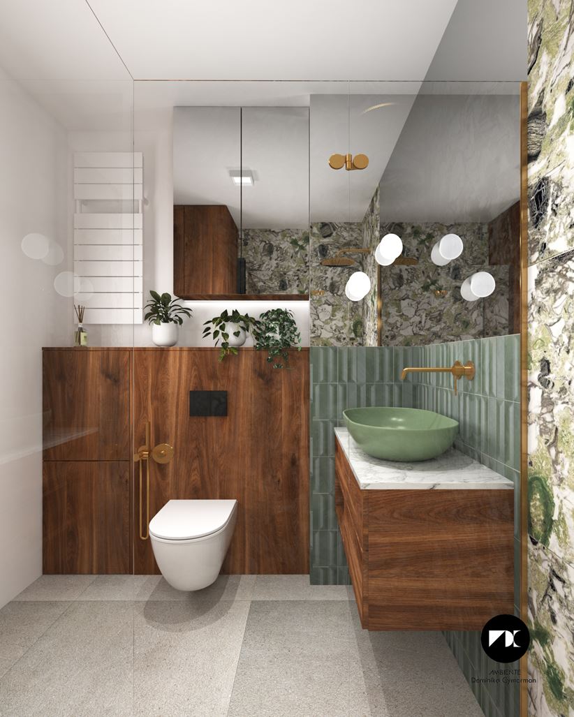 Łazienka z zieloną mozaiką 3d i drewnem