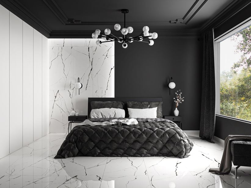 Czarno-biała sypialnia glamour z marmurem Opoczno Eternal