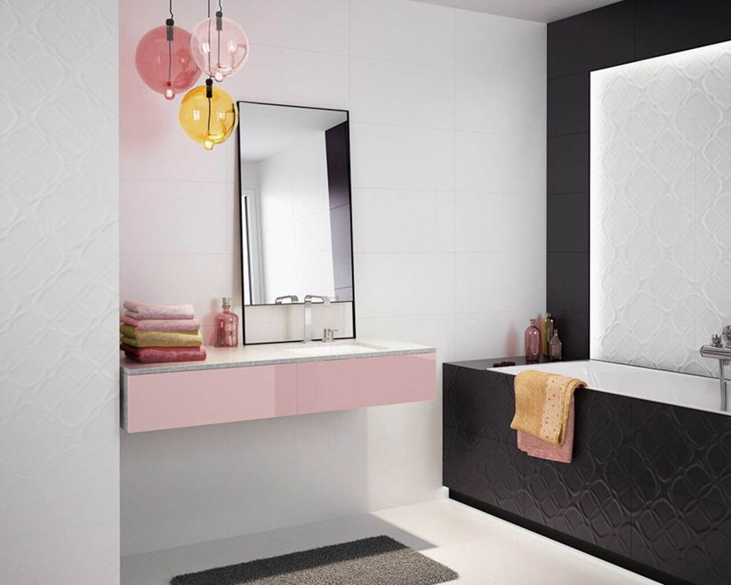 Czarno-biała łazienka z kolorowymi detalami Paradyż Esten