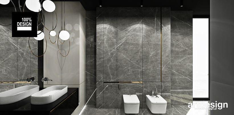 Minimalistyczna łazienka z kamieniem i złotymi akcentami