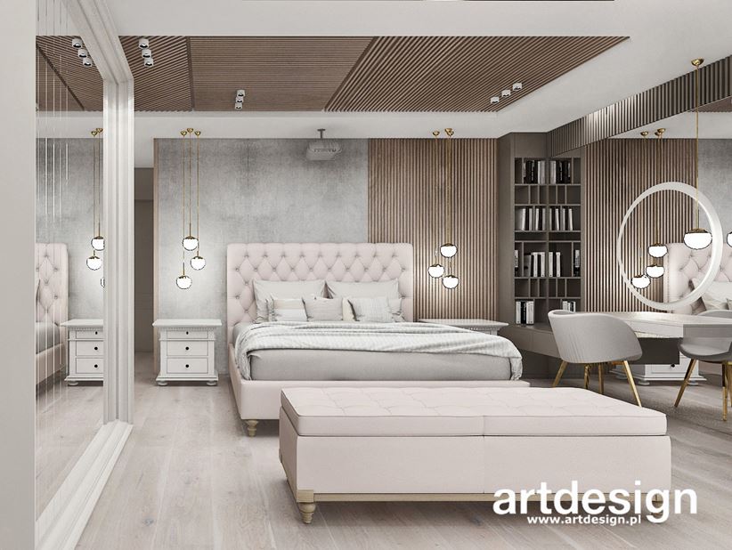 Sypialnia z dekoracyjnymi lamelami na ścianie i suficie