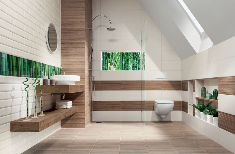 Biało-brązowa łazienka z egzotycznymi akcentami Domino Mozambik