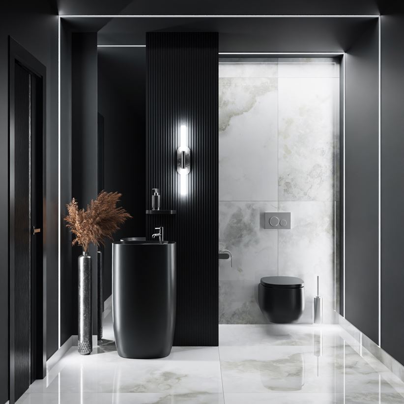 Czarno-biała łazienka glamour w wielkim formacie Tubądzin Onice