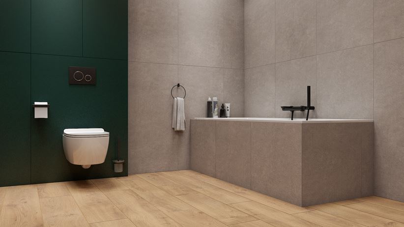 Szaro-zielona łazienka z podłogą w drewnie