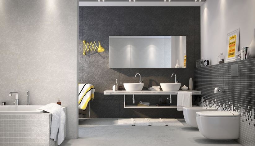 Łazienka w czarno-białych płytkach inspirowanych betonem Opoczno Equinox