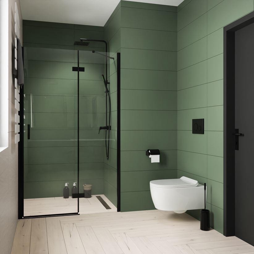Nowoczesna łazienka w zieleni z jasną podłogą