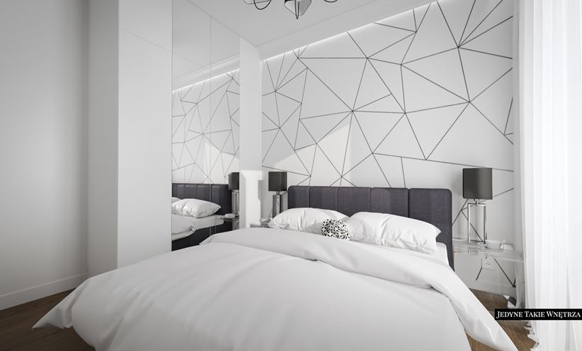 Biała sypialnia z geometrycznym motywem