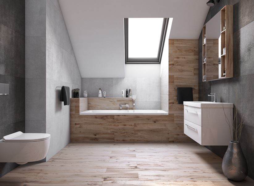 Nowoczesna łazienka z połączeniem drewna i betonu