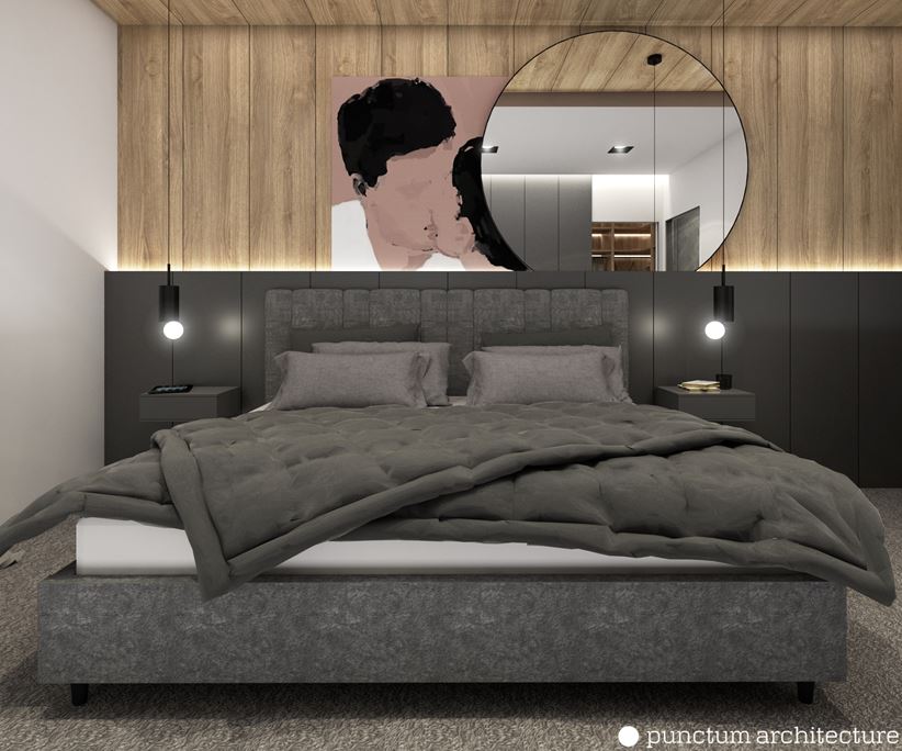 Sypialnia z szarą lamperią i drewnem