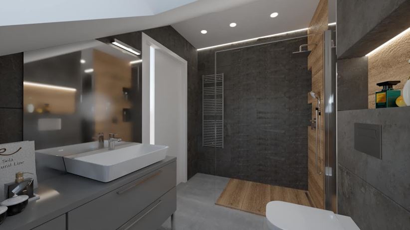 Łazienka z szarymi meblami i prysznicem w drewnie
