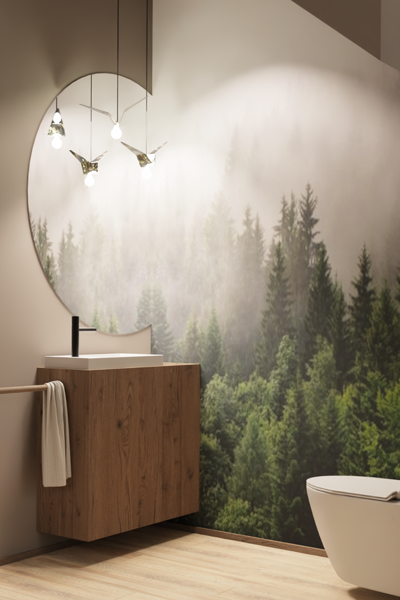 Toaleta z leśną tapetą