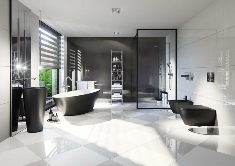 Czarno-biała łazienka z płytką gresową Nowa Gala Concept