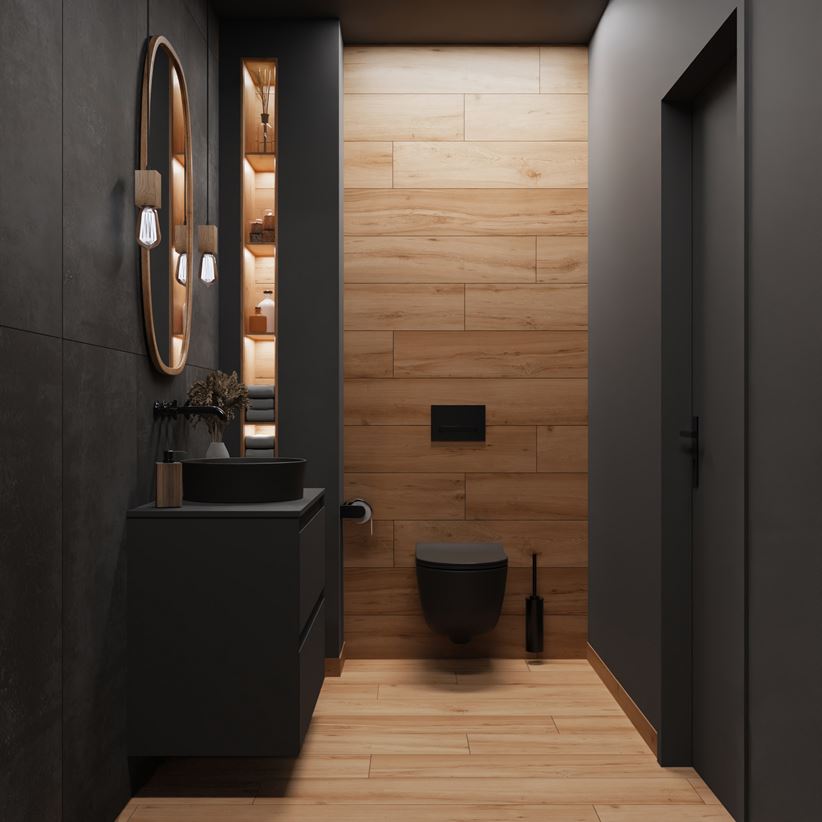Toaleta w drewnianym i betonowym wykończeniu