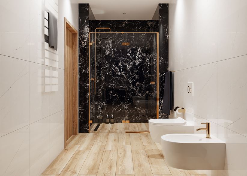 Jasna łazienka z drewnem i czarnym marmurem