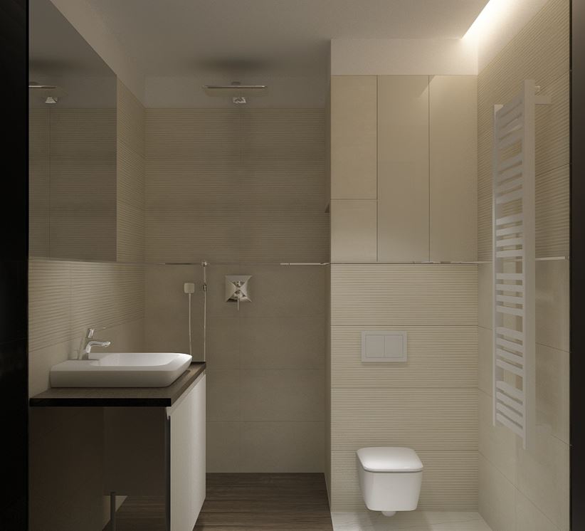 Beżowo-brązowa łazienka z prysznicem walk-in