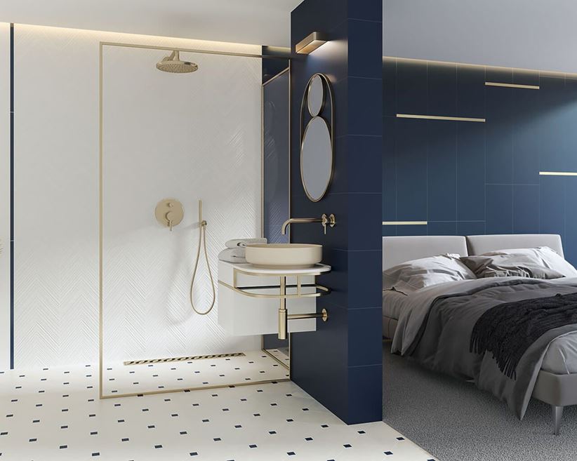 Sypialnia z łazienką utrzymana w klimacie glamour