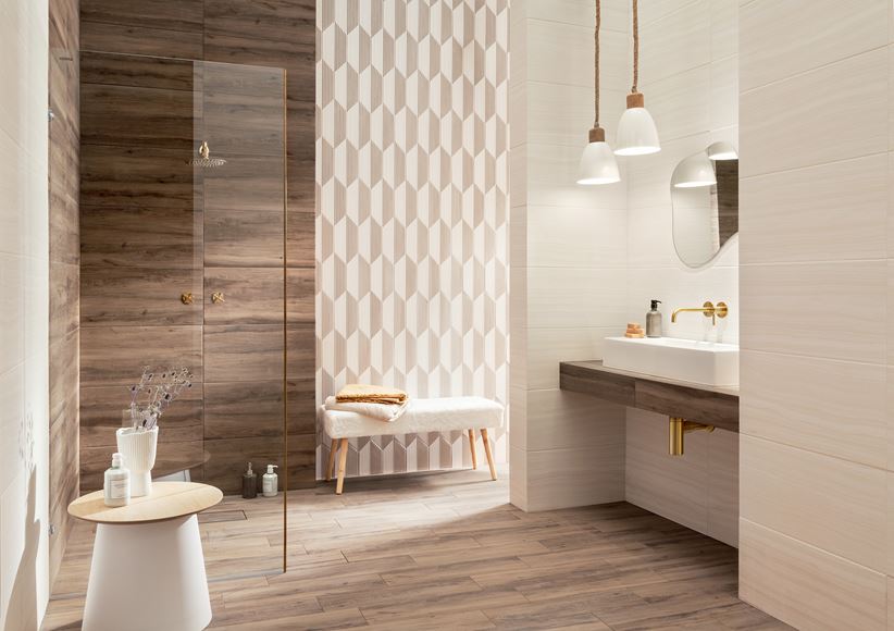 Beżowo-brązowa łazienka z heksagonalnymi płytkami dekoracyjnymi
