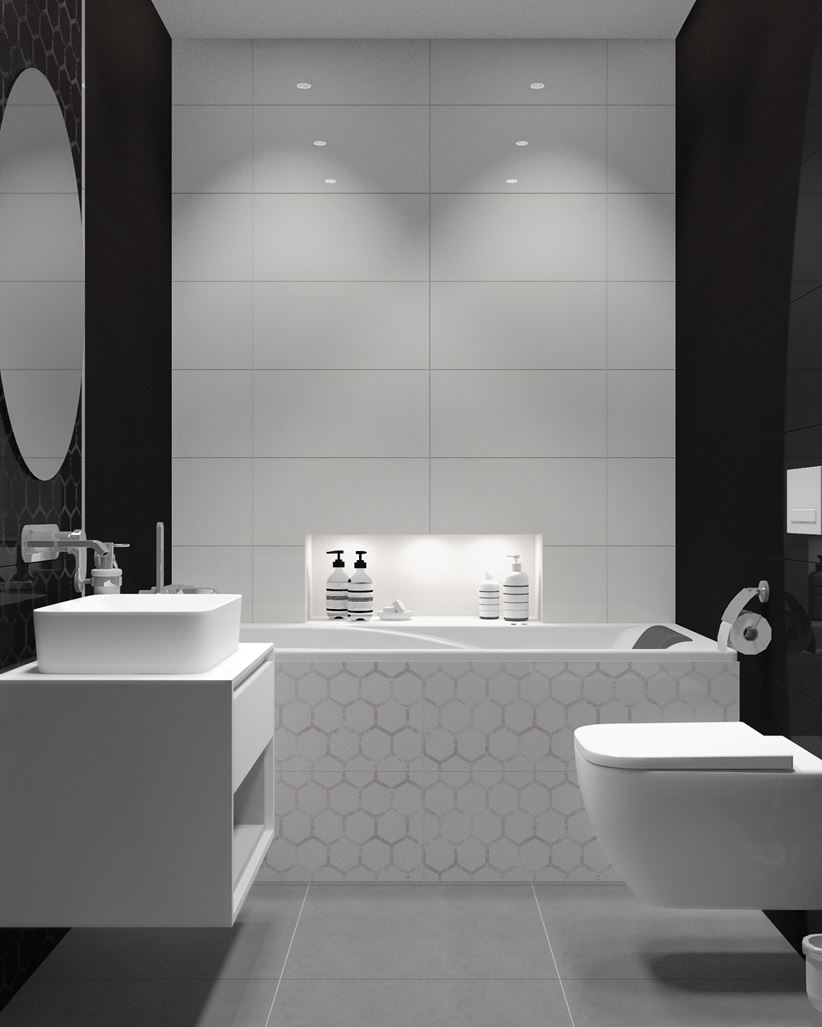 Czarno-biała łazienka z wanną zabudowaną ozdobnymi płytkami