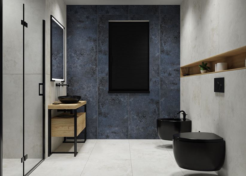 Nowoczesna łazienka w szarej kolorystyce z czarną ceramiką