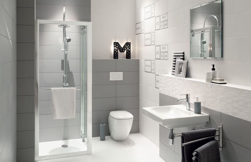 Biało-szara łazienka z mała kabiną prysznicową Domino Grafite