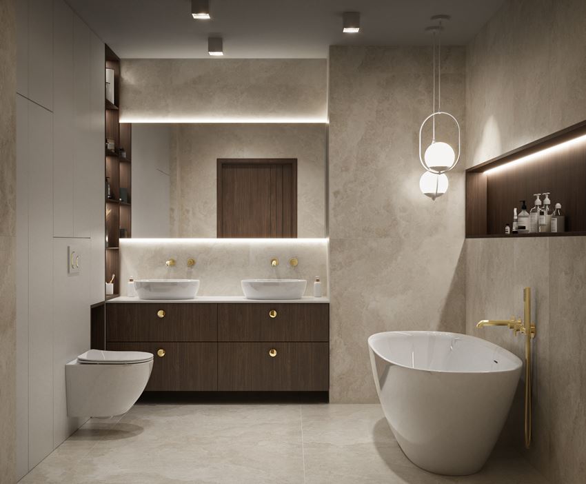 Elegancka łazienka w beżowym kamieniu