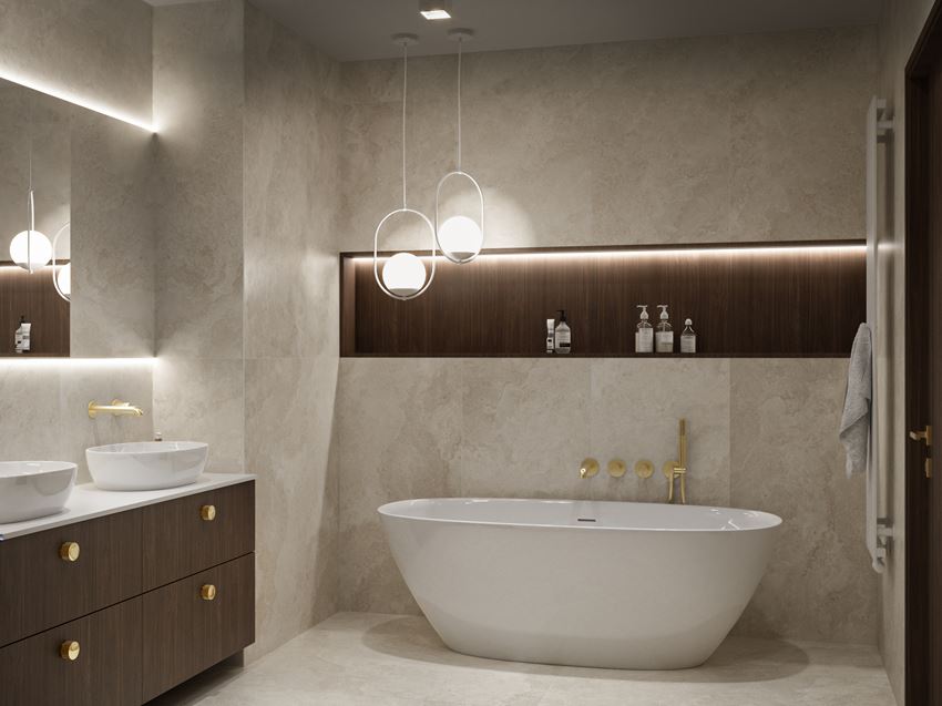 Wanna wolnostojąca w beżowej, eleganckiej łazience