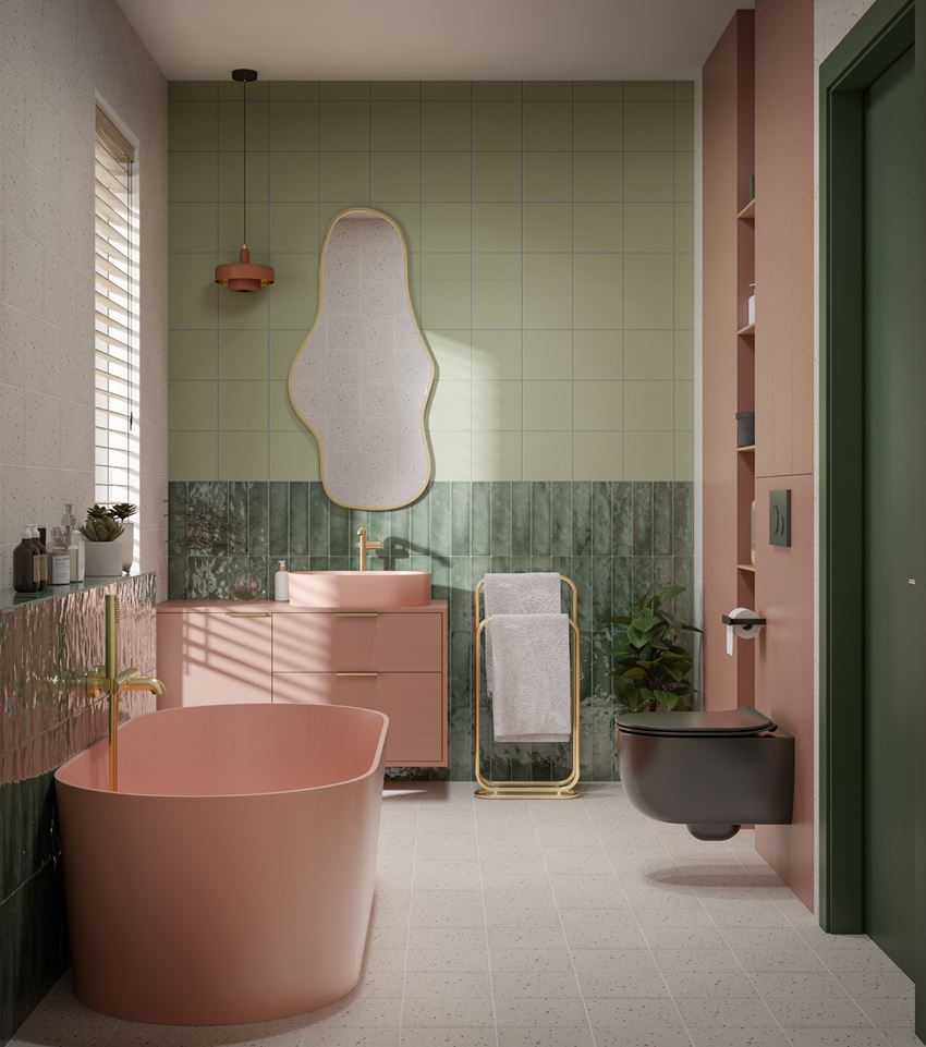 Różowo-zielona łazienka z cegiełkami