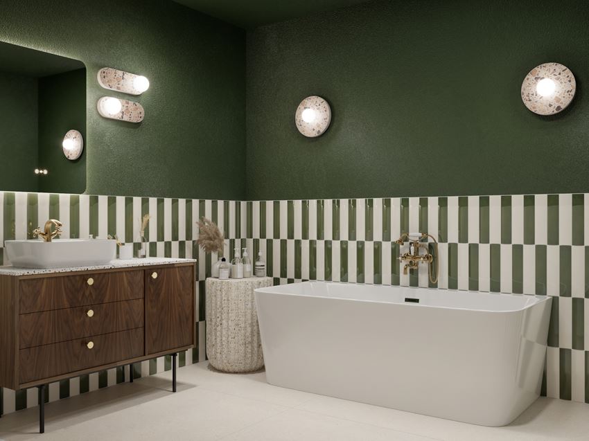 Biało-zielona łazienka z wanną przyścienną
