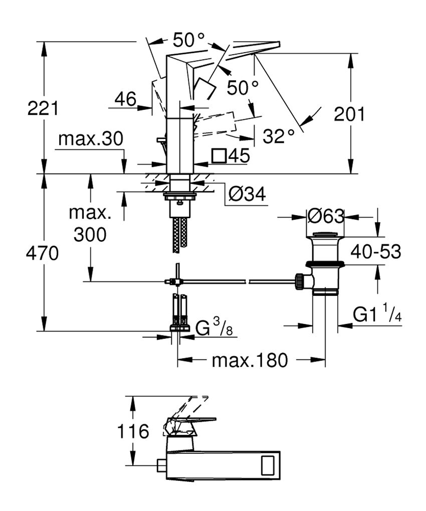 Bateria umywalkowa Grohe Allure Brilliant 24344AL0 rys techniczny