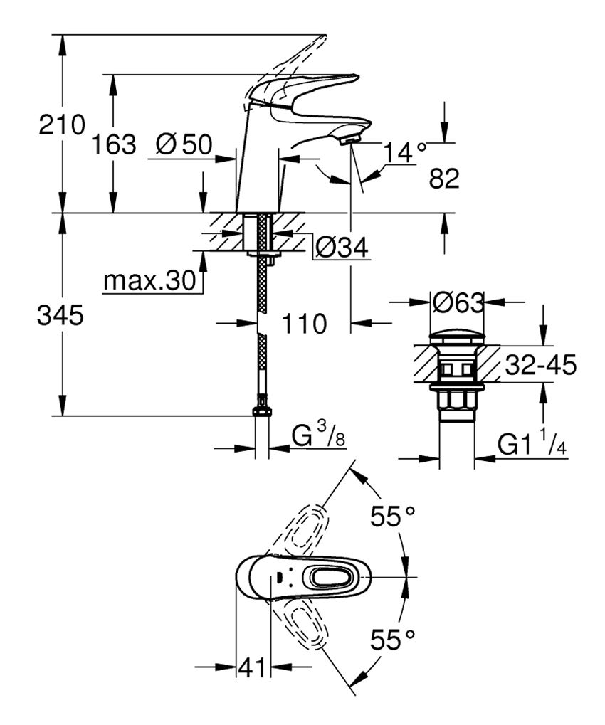 Bateria umywalkowa Grohe Eurostyle 23929003 rys techniczny
