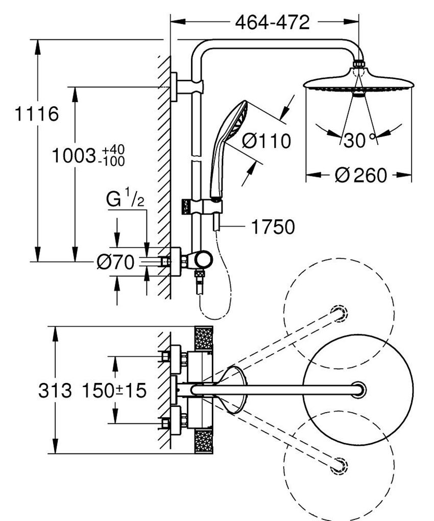 Zestaw prysznicowy Grohe Euphoria System 27615KF2 rys techniczny
