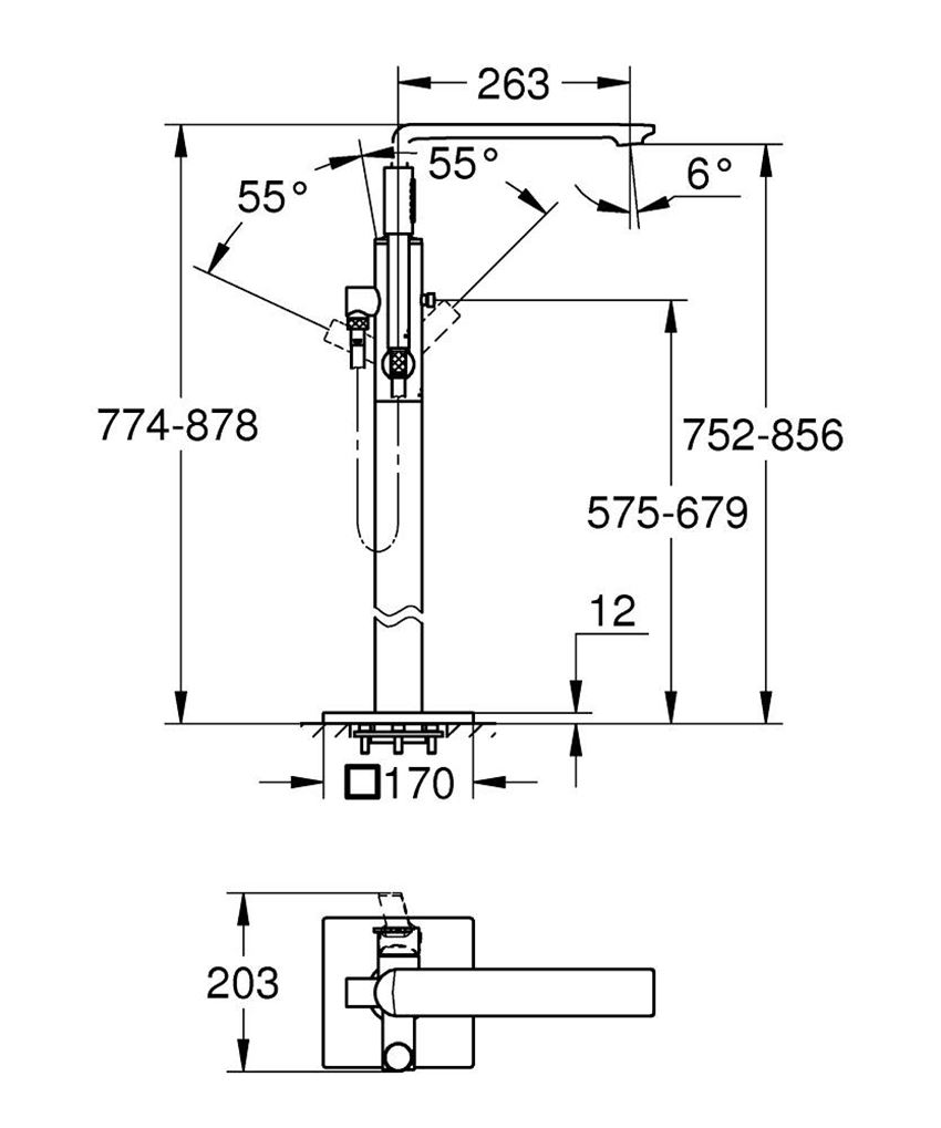 Wolnostojąca bateria wannowa Grohe Allure Brilliant 25222DL1 rys techniczny