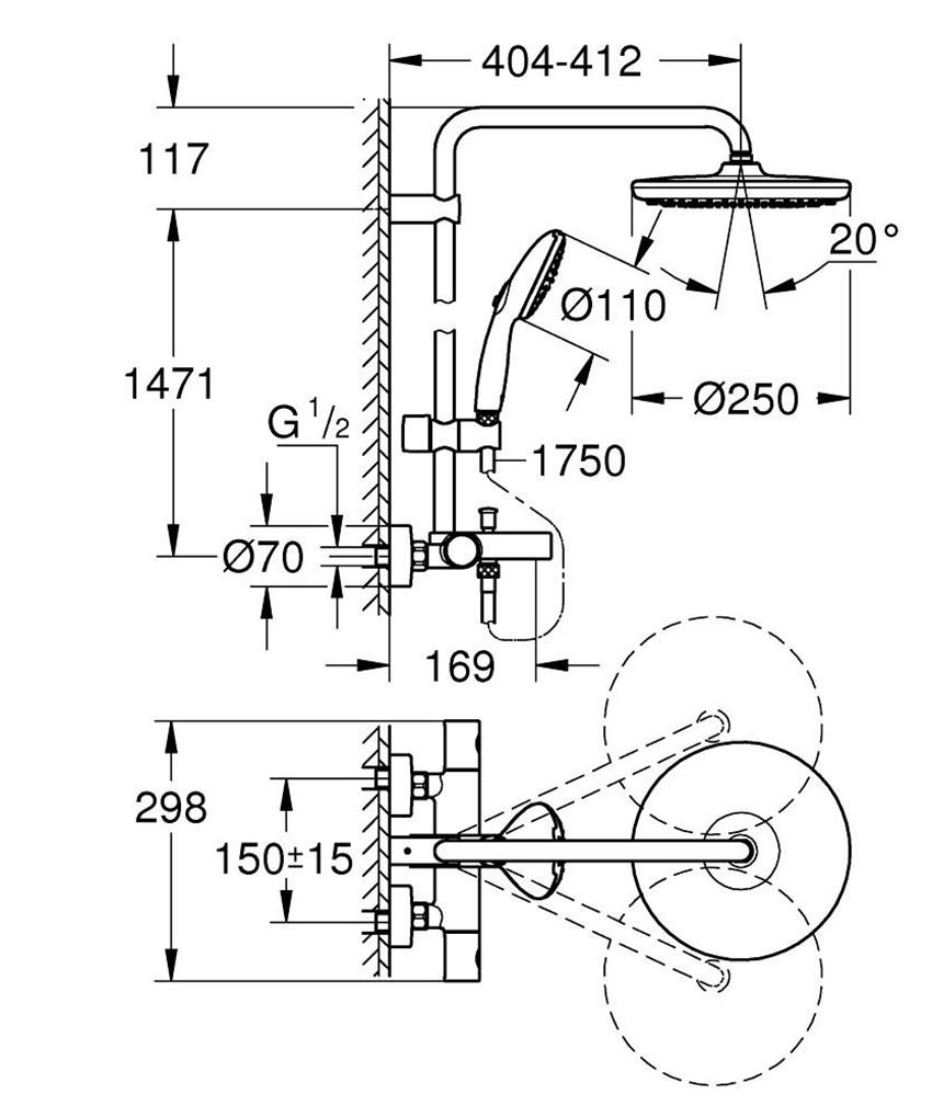 Zestaw prysznicowy Grohe Tempesta System 26672001 rys techniczny