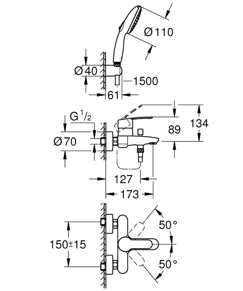 Bateria wannowa Grohe Eurostyle Cosmopolitan 25275002 rys techniczny