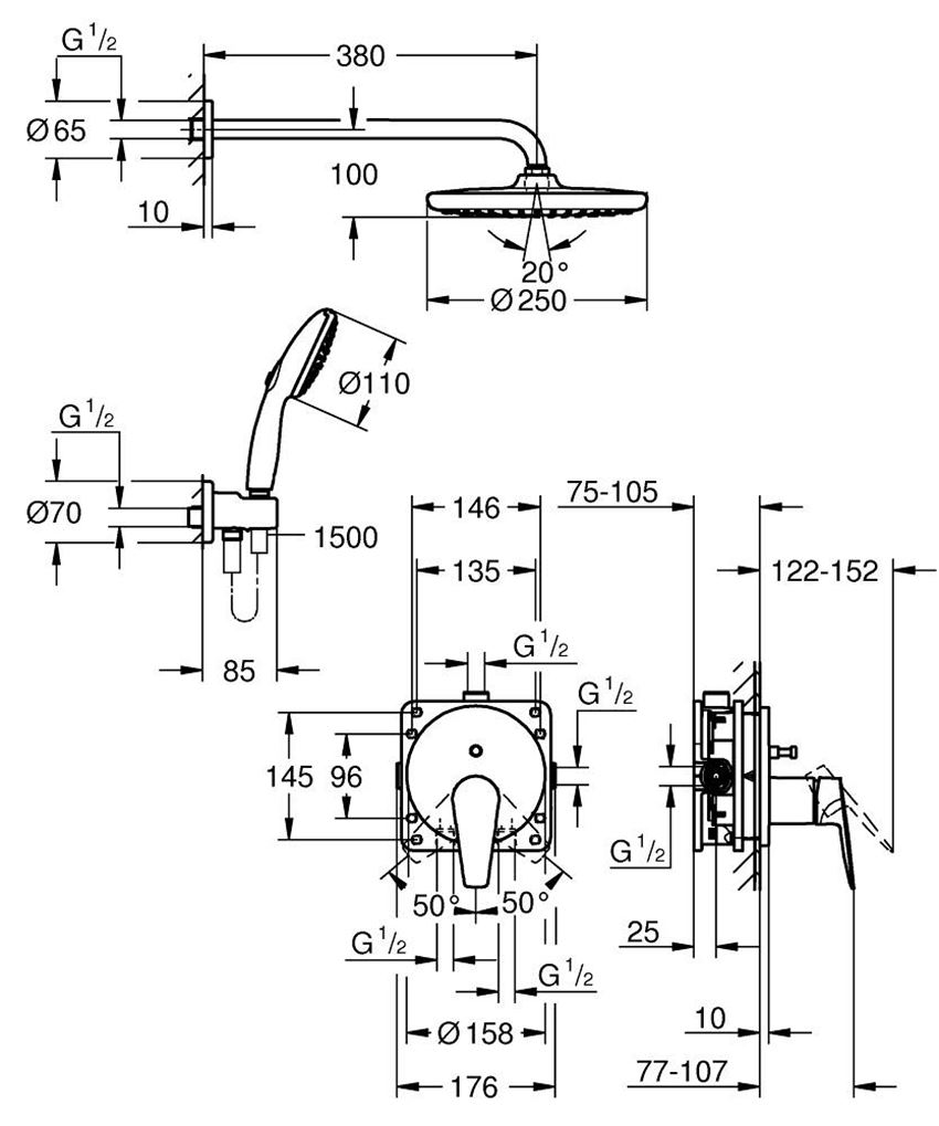 Zestaw prysznicowy Grohe BauEdge 25290000 rys techniczny